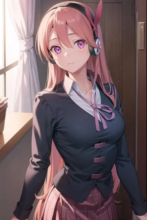 chelsea, <lora:chelsea-lora-nochekaiser:1>,
chelsea, (pink eyes:1.5), hair between eyes, long hair, pink hair, straight hair,
BREAK collared shirt, diagonal stripes, dress shirt, hair ornament, headphones, long sleeves, neck ribbon, plaid, plaid skirt, pleated skirt, red ribbon, red skirt, ribbon, shirt, skirt, striped, vest, white shirt, wing collar,
BREAK looking at viewer, full body,
BREAK indoors, classroom,
BREAK <lyco:GoodHands-beta2:1>, (masterpiece:1.2), best quality, high resolution, unity 8k wallpaper, (illustration:0.8), (beautiful detailed eyes:1.6), extremely detailed face, perfect lighting, extremely detailed CG, (perfect hands, perfect anatomy),
