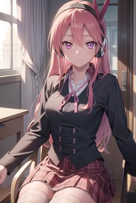 chelsea, <lora:chelsea-lora-nochekaiser:1>,
chelsea, (pink eyes:1.5), hair between eyes, long hair, pink hair, straight hair,
BREAK collared shirt, diagonal stripes, dress shirt, hair ornament, headphones, long sleeves, neck ribbon, plaid, plaid skirt, pleated skirt, red ribbon, red skirt, ribbon, shirt, skirt, striped, vest, white shirt, wing collar,
BREAK looking at viewer, full body,
BREAK indoors, classroom,
BREAK <lyco:GoodHands-beta2:1>, (masterpiece:1.2), best quality, high resolution, unity 8k wallpaper, (illustration:0.8), (beautiful detailed eyes:1.6), extremely detailed face, perfect lighting, extremely detailed CG, (perfect hands, perfect anatomy),
