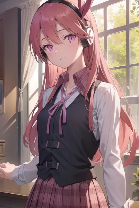 chelsea, <lora:chelsea-lora-nochekaiser:1>,
chelsea, (pink eyes:1.5), hair between eyes, long hair, pink hair, straight hair,
BREAK collared shirt, diagonal stripes, dress shirt, hair ornament, headphones, long sleeves, neck ribbon, plaid, plaid skirt, pleated skirt, red ribbon, red skirt, ribbon, shirt, skirt, striped, vest, white shirt, wing collar,
BREAK looking at viewer, full body,
BREAK indoors, classroom,
BREAK <lyco:GoodHands-beta2:1>, (masterpiece:1.2), best quality, high resolution, unity 8k wallpaper, (illustration:0.8), (beautiful detailed eyes:1.6), extremely detailed face, perfect lighting, extremely detailed CG, (perfect hands, perfect anatomy),