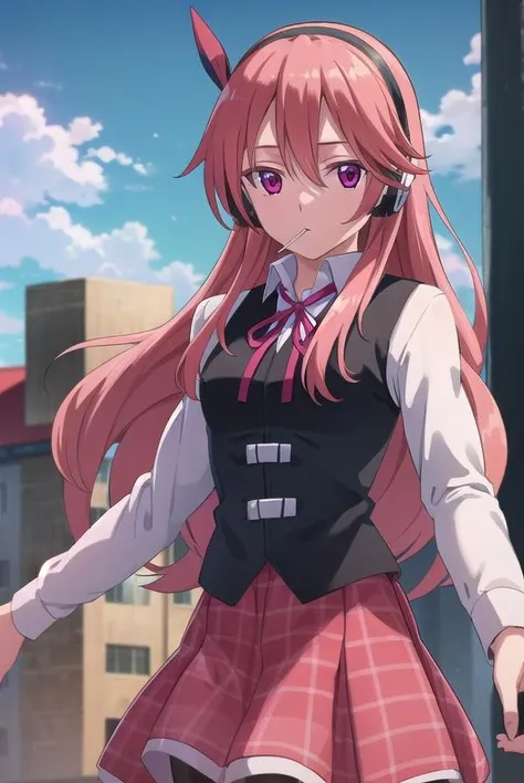 agkchelsea, <lora:agk chelsea s1-lora-nochekaiser:1>,
chelsea, long hair, (pink eyes:1.3), hairband, headphones, candy, lollipop, pink hair, hair between eyes, hair ornament,
BREAK skirt, shirt, ribbon, vest, plaid, neck ribbon, plaid skirt, white shirt, long sleeves, collared shirt, black vest, red skirt,
BREAK outdoors, city, building, sky, sun, clouds, people, crowd,
BREAK looking at viewer, (cowboy shot:1.5),
BREAK <lyco:GoodHands-beta2:1>, (masterpiece:1.2), best quality, high resolution, unity 8k wallpaper, (illustration:0.8), (beautiful detailed eyes:1.6), extremely detailed face, perfect lighting, extremely detailed CG, (perfect hands, perfect anatomy),