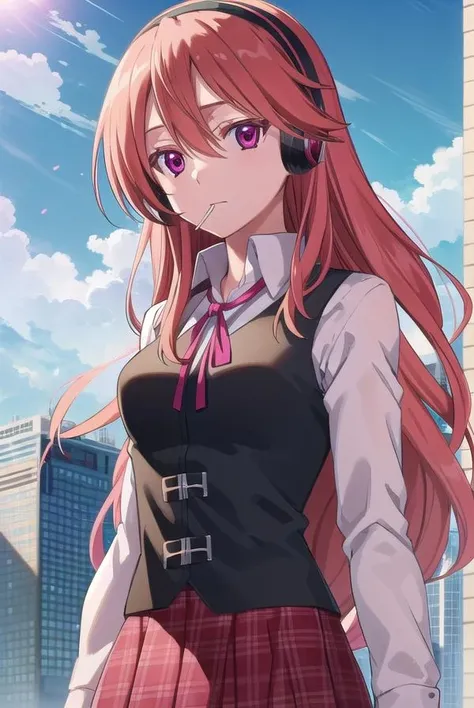 agkchelsea, <lora:agk chelsea s1-lora-nochekaiser:1>,
chelsea, long hair, (pink eyes:1.3), hairband, headphones, candy, lollipop, pink hair, hair between eyes,
BREAK skirt, shirt, ribbon, vest, plaid, neck ribbon, plaid skirt, white shirt, long sleeves, collared shirt, black vest, red skirt,
BREAK outdoors, city, building, sky, sun, clouds, people, crowd,
BREAK looking at viewer, (cowboy shot:1.5),
BREAK <lyco:GoodHands-beta2:1>, (masterpiece:1.2), best quality, high resolution, unity 8k wallpaper, (illustration:0.8), (beautiful detailed eyes:1.6), extremely detailed face, perfect lighting, extremely detailed CG, (perfect hands, perfect anatomy),