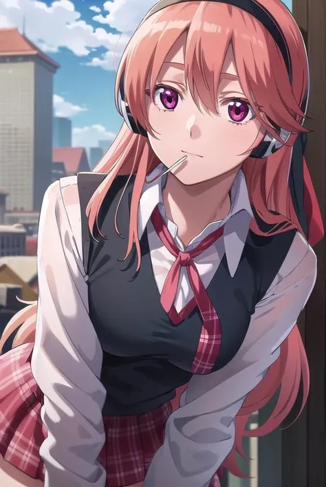 agkchelsea, <lora:agk chelsea s1-lora-nochekaiser:1>,
chelsea, long hair, (pink eyes:1.3), hairband, headphones, candy, lollipop, pink hair, hair between eyes, hair ornament,
BREAK skirt, shirt, ribbon, vest, plaid, neck ribbon, plaid skirt, white shirt, long sleeves, collared shirt, black vest, red skirt,
BREAK outdoors, city, building, sky, sun, clouds, people, crowd,
BREAK looking at viewer, (cowboy shot:1.5),
BREAK <lyco:GoodHands-beta2:1>, (masterpiece:1.2), best quality, high resolution, unity 8k wallpaper, (illustration:0.8), (beautiful detailed eyes:1.6), extremely detailed face, perfect lighting, extremely detailed CG, (perfect hands, perfect anatomy),
