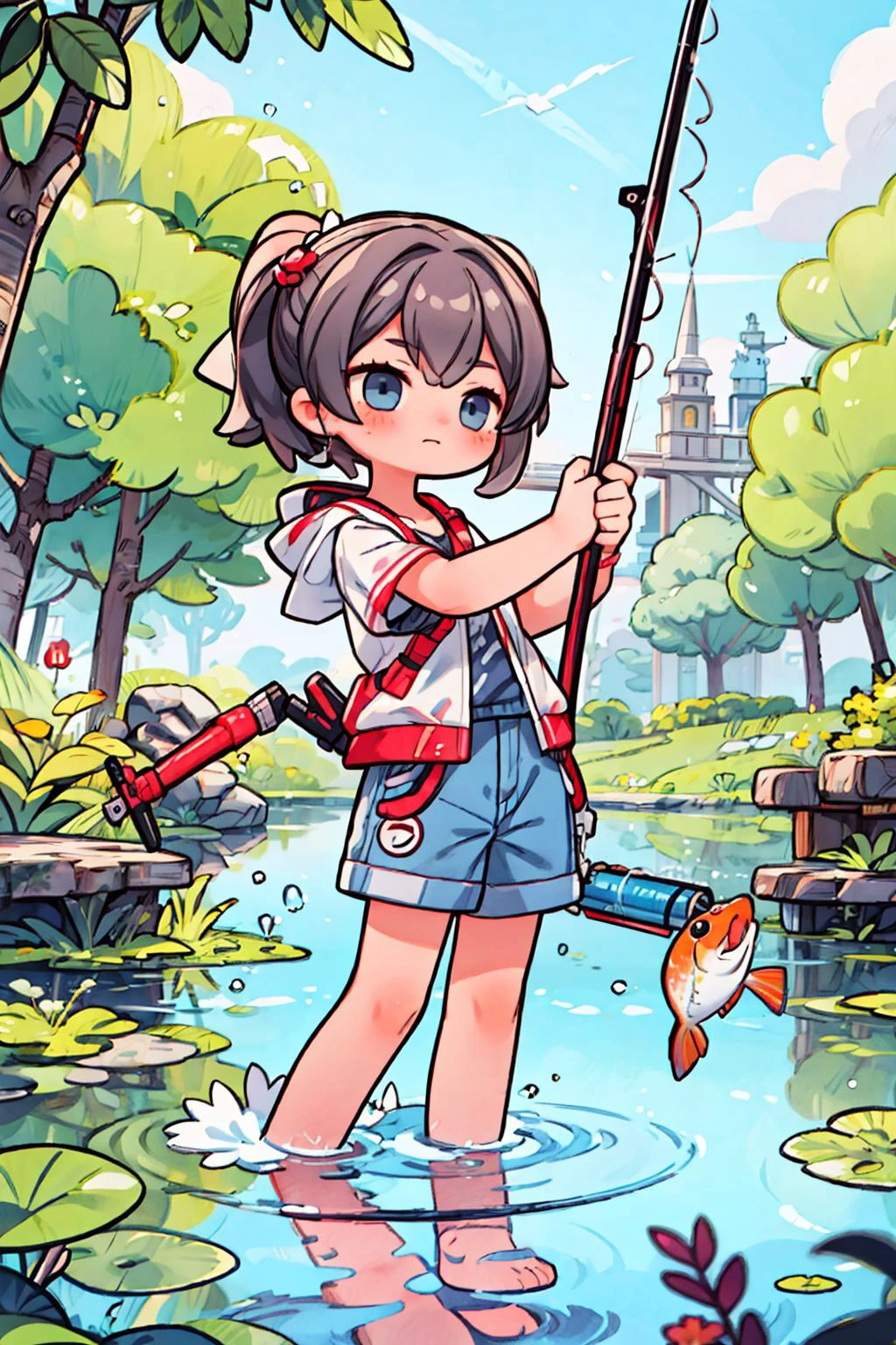 1girl, lake, fishing, fishing rod, swing the rod, hands on fish, dynamic pose, wading,