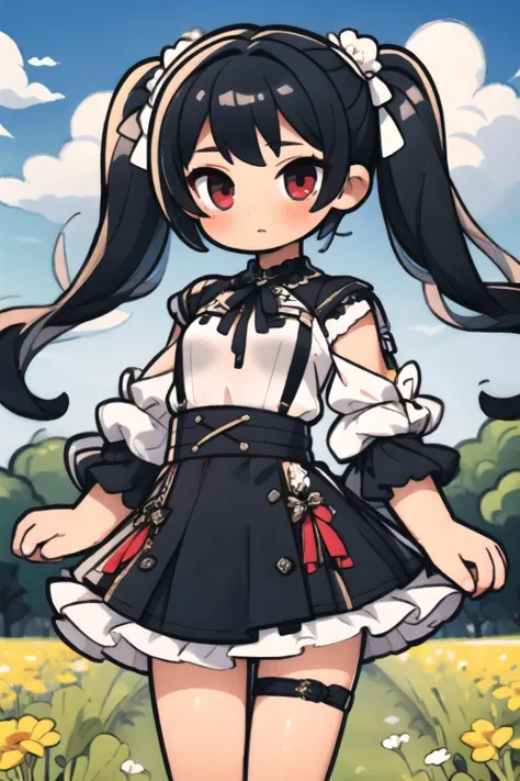 (masterpiece:1.2),best quality,extremely detailed,
BREAK
cute girl,(petite:1.3),solo,shiny skin,small breasts,very long hair,
detailed eyes,perfect anatomy,
cute eyes,(red eyes:1.3),(black hair:1.4),twintails,
BREAK
white shirt,black skirt frills,
BREAK
farm,straw field,
BREAK
character focus,looking at viewer,
BREAK
<lyco:Add More Details:0.4>,