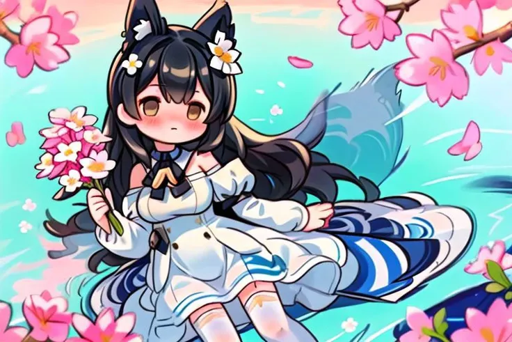 ((Azur Lane Atago)), (Embarrassed), cat ears. black hair, beautiful and cute face, Brown eyes, 1girl, solo, dress, flower, holding, white dress, thighhighs, looking at viewer, white thighhighs, long sleeves, bare shoulders, cherry blossoms, blush, water drop, hair ornament, hair flower, holding flower, puffy sleeves, pink flower, petals, shiny, off-shoulder dress, shiny hair, collarbone, off shoulder, strapless dress, covered mouth