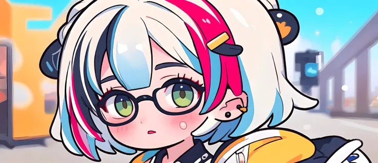 (masterpiece, top quality, best quality, official art, beautiful and aesthetic:1.2), makeup,  random haircolor, random multicolored hair,(streaked hair:1.3), detailed hair,blush, (random eye color),park, blurred background,  visually stunning, bokeh,, eyeglass, hair clip, piercing, close up face,  blazer, black skirt,