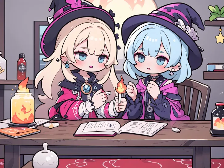 (masterpiece:1.2),best quality, extremely detailed, (goth makeup:1.2), witch, witch hat, night, stars, moon, (raven hair), indoor, alchemie table , casting flames, random haircolor, random multicolored hair, streaked hair, (random eye color), blurred background , visually stunning, bokeh, ,piercings,dynamic pose,