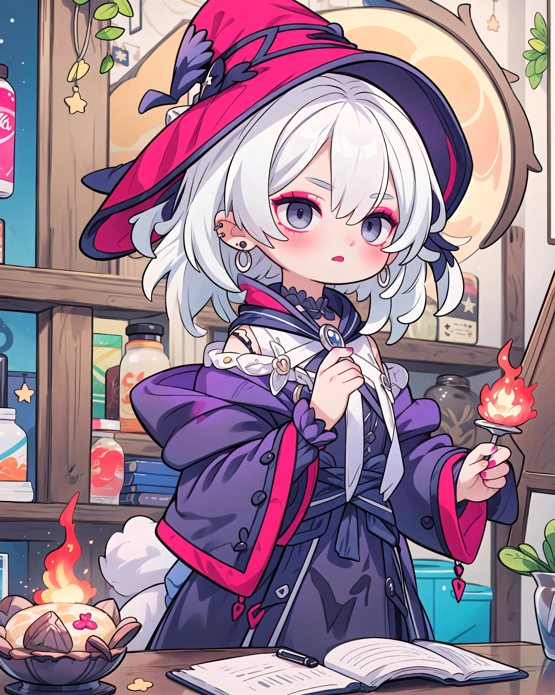 (masterpiece:1.2),best quality, extremely detailed, eyeshadow, eyeliner, (goth makeup:1.2),grey eyes, witch, witch hat, night, stars, moon, (raven hair), indoor, alchemy table , casting flames, random haircolor, random multicolored hair, streaked hair, (random eye color), blurred background , jewelry, visually stunning, bokeh, ,piercings,dynamic pose,
