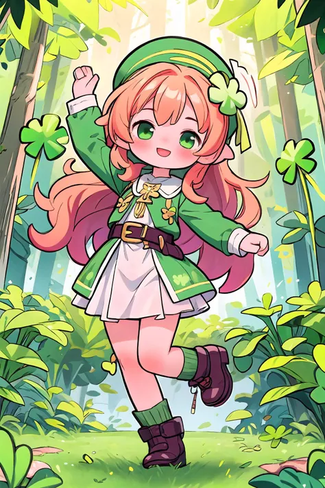 (best quality, masterpiece:1.1),saint patrick's day,shamrock clover,clover, four-leaf clover,
1girl, ginger hair, very long hair, happy face, jumping, full body, forest, day, godrays,