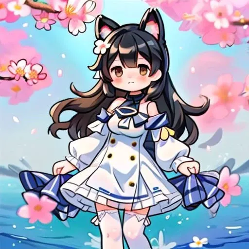 ((Azur Lane Atago)), (Embarrassed), cat ears. black hair, beautiful and cute face, Brown eyes, 1girl, solo, dress, flower, holding, white dress, thighhighs, looking at viewer, white thighhighs, long sleeves, bare shoulders, cherry blossoms, blush, water drop, hair ornament, hair flower, holding flower, puffy sleeves, pink flower, petals, shiny, off-shoulder dress, shiny hair, collarbone, off shoulder, strapless dress, covered mouth