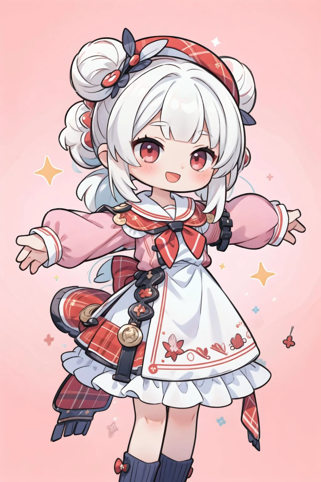 1girl, solo, double bun, hair bun, hat, looking at viewer, white hair, smile, red eyes, open mouth, bangs, arms up, ribbon, white headwear, skirt, neckerchief, frills, plaid, beret, dress, pink skirt, :d, buttons, pink dress, blunt bangs, twintails, outstretched arms, long hair, frilled skirt, sparkle, bow, frilled dress