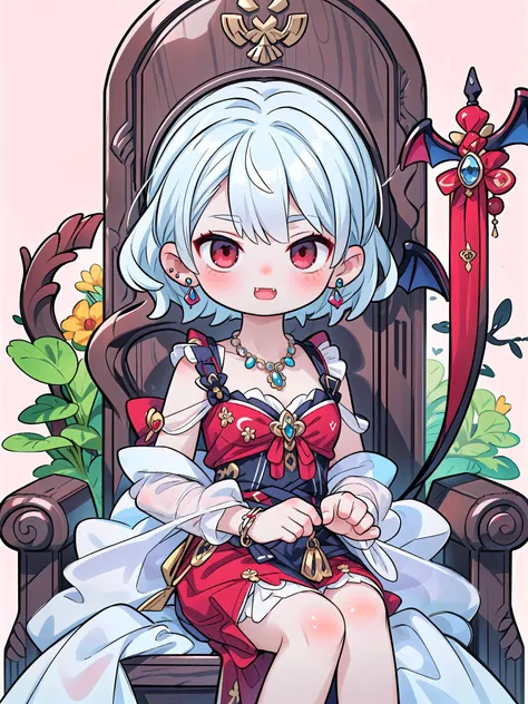 (masterpiece, top quality, best quality, official art, beautiful and aesthetic:1.2), (1girl), cute, mature, extreme detailed, jewelry, earrings, elegant medieval dress, silver hair, red eyes, shiny, necklace, vampire, vampire fang, throne,