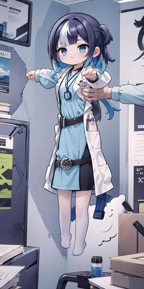 (masterpiece), best quality, high resolution, highly detailed, detailed background, perfect lighting, 1girls, <lora:gijinkaseries_civitai:0.5> civitai-chan, braided bangs, multicolored hair, black hair, blue hair, blue eyes, labcoat, shirt, shirt tucked in, single vertical stripe, black skirt, pencil skirt, pantyhose, necklace, belt, <lora:LongcatMemeSolo:1.3> IncrsLcmSolo, full body, (chibi:1.3),