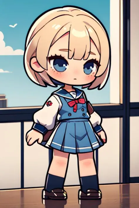 (masterpiece), best quality, high resolution, highly detailed, detailed background, perfect lighting, 1girl, school uniform, chibi