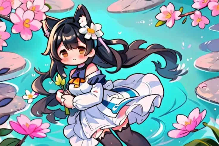 ((Azur Lane Atago)), (Embarrassed), cat ears. black hair, beautiful and cute face, Brown eyes, 1girl, solo, dress, flower, holding, white dress, thighhighs, looking at viewer, white thighhighs, long sleeves, bare shoulders, cherry blossoms, blush, water drop, hair ornament, hair flower, holding flower, puffy sleeves, pink flower, petals, shiny, off-shoulder dress, shiny hair, collarbone, off shoulder, strapless dress, covered mouth
