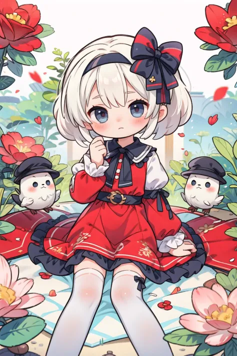 1girl, solo, thighhighs, dress, long sleeves, looking at viewer, red dress, blush, white thighhighs, petals,frills, sleeves past wrists, sitting, puffy sleeves, blurry, hand up, hairband, rose, flower, closed mouth, bow, hairband, ribbon, blurry foreground, black bow, depth of field, frilled dress, zettai ryouiki, shiny, blurry background