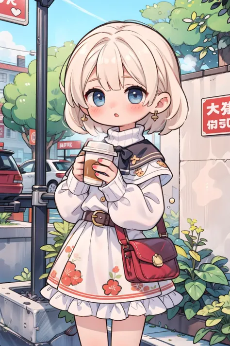 1girl, solo, holding, cup, holding cup, looking at viewer, belt, bangs, earrings, jewelry, disposable cup, coffee cup, long sleeves, brick wall, shiny hair, capelet, blush, standing, shiny, open mouth, outdoors, dress, buttons, :o, bow, steam, sleeves past wrists, parted lips, sweater, white dress, ribbon, white capelet, turtleneck, nail polish, cowboy shot