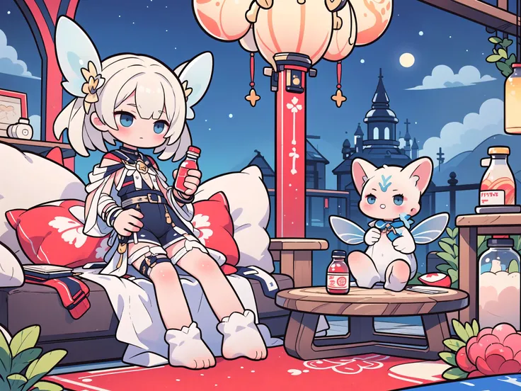 (masterpiece, top quality, best quality, official art, beautiful and aesthetic:1.2), (a big bottle in the night sky, inside the bottle there's small fairy)