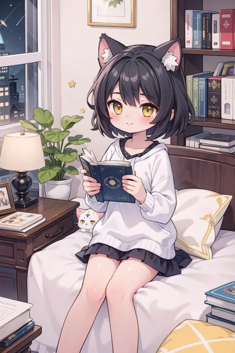 (masterpiece), night, starry sky, indoors, bookshelf, desk lamp, potted plant, book, bed, pillow, 1girl, sitting, black hair, yellow eyes, medium hair, cat ears, smile