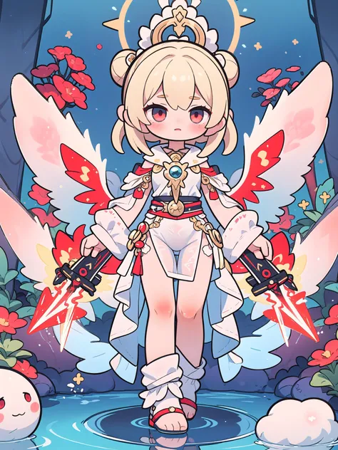 (masterpiece), best quality, high resolution, 1 girl, 1 halo,mythical priestess,giant goddess, big_glowing_wings, golden_energy,long white dress, aura, light_particles:1.5, (graveyard:0), ((Enlightenment)), , red eyes ,
