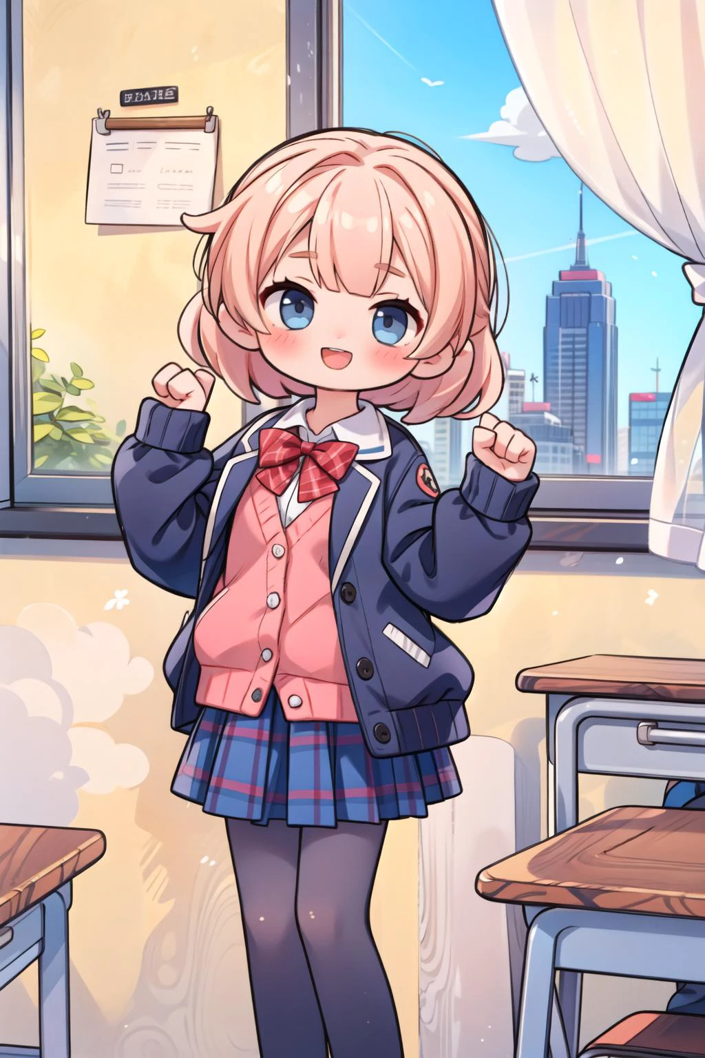 1girl, solo, plaid, skirt, pantyhose, jacket, window, open mouth, indoors, curtains, school uniform, pleated skirt, sunset, cardigan, desk, blazer, looking at viewer, open clothes, school desk, bow, blush, open jacket, black jacket, long sleeves, cloud, standing, red bow, black pantyhose, white shirt, sky, plaid skirt, pink cardigan, hand up, shirt, smile, sleeves past wrists, classroom, chair, brown pantyhose, blue skirt, bowtie, :d, brown cardigan