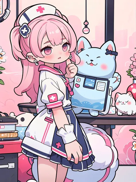 (masterpiece, top quality, best quality, official art, beautiful and aesthetic:1.2), (1girl), cute, extreme detailed,(nurse), hostpital, infirmary, injection, cat hood, pink hair, blurred background, pink eyes, view from side, piercings, ambience,