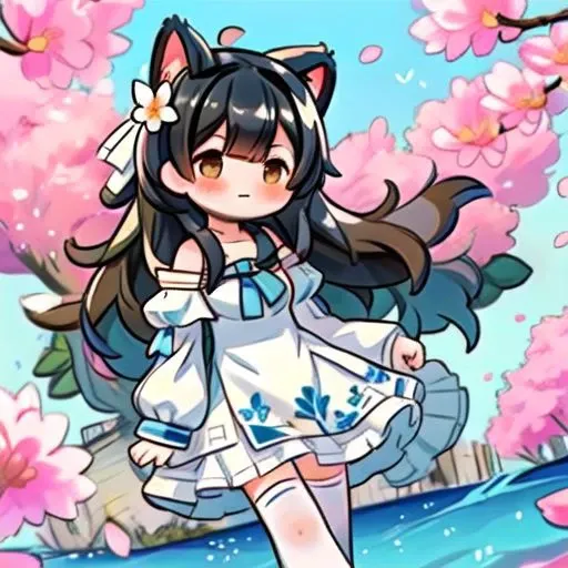 ((Azur Lane Atago)), (Embarrassed), cat ears. black hair, beautiful and cute face, Brown eyes, 1girl, solo, dress, flower, holding, white dress, thighhighs, looking at viewer, white thighhighs, long sleeves, bare shoulders, cherry blossoms, blush, water drop, hair ornament, hair flower, holding flower, puffy sleeves, pink flower, petals, shiny, off-shoulder dress, shiny hair, collarbone, off shoulder, strapless dress, covered mouth