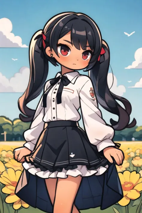 (masterpiece:1.2),best quality,extremely detailed,
BREAK
cute girl,(petite:1.3),solo,shiny skin,small breasts,very long hair,
detailed eyes,perfect anatomy,
cute eyes,(red eyes:1.3),(black hair:1.4),twintails,
BREAK
white shirt,black skirt frills,
BREAK
farm,straw field,
BREAK
character focus,looking at viewer,
BREAK
<lyco:Add More Details:0.4>,
