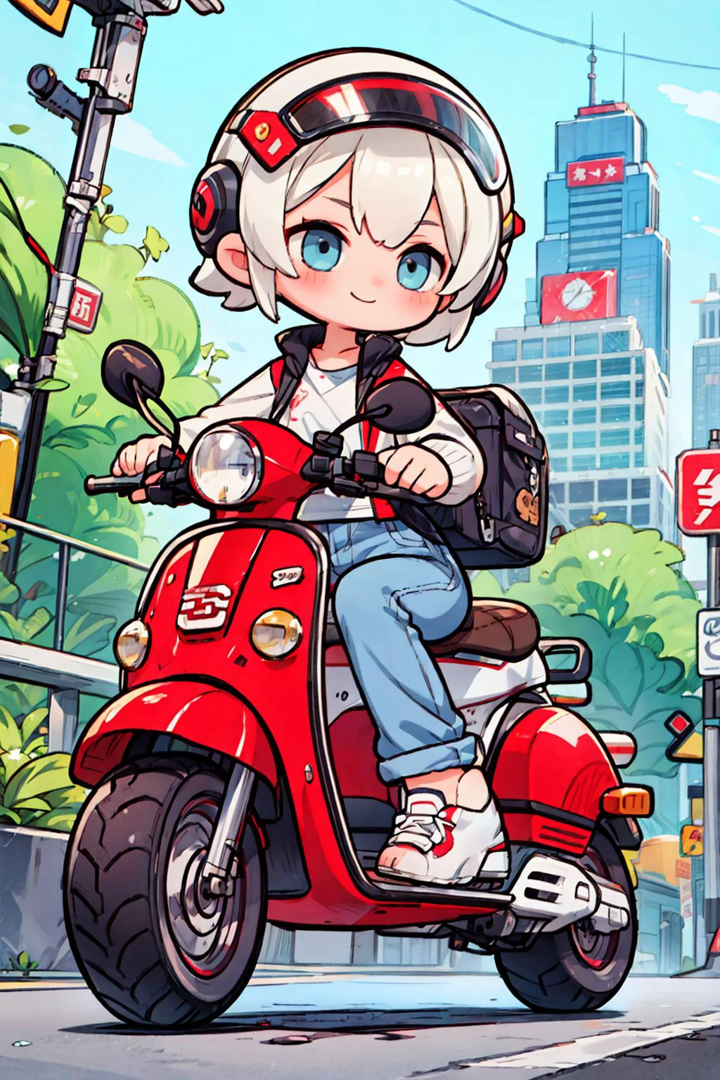 1girl, road, scooter, smile, helmet, shorp focus, denim, from below,