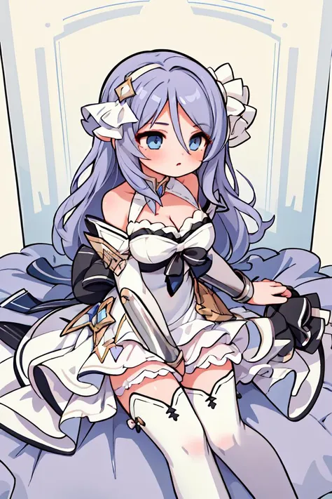 (masterpiece, best quality), 1girl, <lora:shizuru-nvwls-v1:1> defshizuru, long hair, hair ribbon, black bow, halterneck, white dress, bare shoulders, cleavage, detached sleeves, gauntlets, white thighhighs