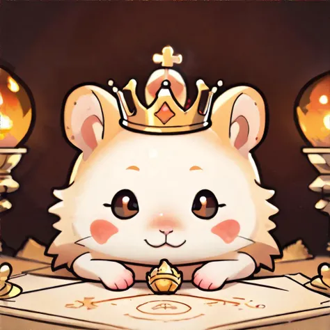 inviting, (hamster wearing crown), with a golden hour glow casting a warm hue over everything
