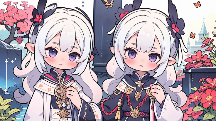(masterpiece, top quality, best quality, official art, beautiful and aesthetic:1.2), (1girl), cute, extreme detailed, priestess elf, church, silver hair, portrait, crystalbutterflies, blurred background, purple eyes , tilt shift, visually stunning, bokeh, black clothes, blush,