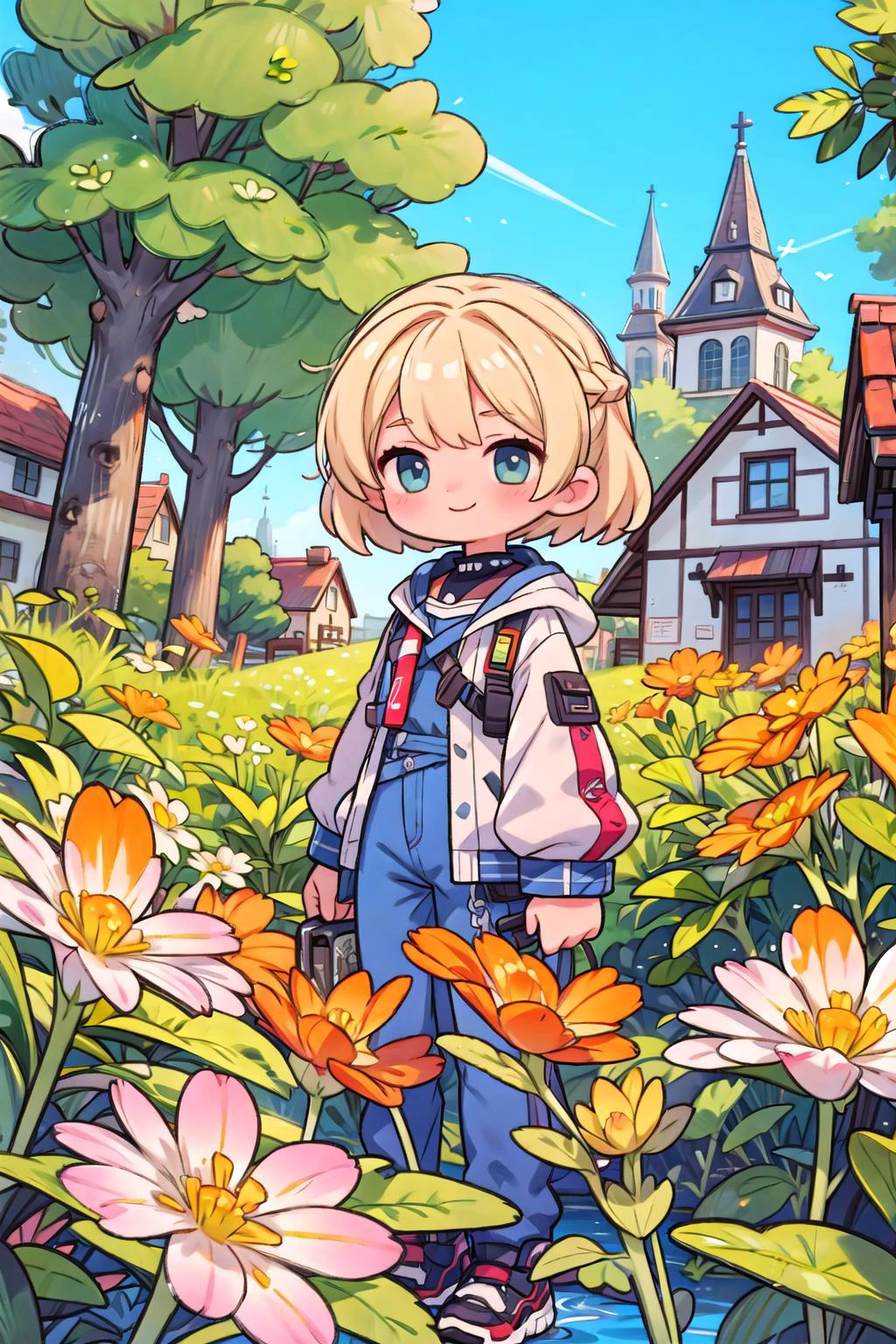 (masterpiece), (outdoors, nature, scenery:1.2), town, overgrown, 1girl, smile, blonde hair, medium hair