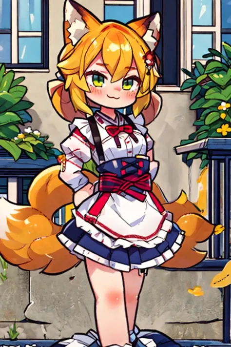 (masterpiece), best quality, high resolution, highly detailed, detailed background, perfect lighting,
Furry, Fox, Anthro fox girl, animal fox tail, fluffy fur, fluffy tail behind back, orange white striped body fur, Orange fuzzy furry skin, fur
(petite:1.3), 1girl, solo, small breasts, perfect anatomy,
very long hair, twintails hair, detailed eyes, cute eyes, green eyes, character focus, looking at viewer, eye contact, Smiling at viewer, ;3, uwu, catmouth, (smug),
white shirt, black skirt frills, Classical Maid Outfit, French maid outfit, Maid cuffs, Maid thighighs,
outdoor, country house, On porch, porch roof, at porch, Japanese style house, porch deck, farm, wheat field
<lora:senko_2023-04-03_nai_no-vae_lr_1e-3_dim64:1>, <lora:microwaist:.5>, Senko-San,
<lora:uwu:.5>,
<lora:STYLE_A__Add_Detail:.5>, <lora:STYLE_A_DetailTweaker:.5>,
<lora:BACKGROUND_cheeseDaddysLandscapes_35:.5>,
<hypernet:crosskemonoFurryModel_furryKemonoPt:.1>,