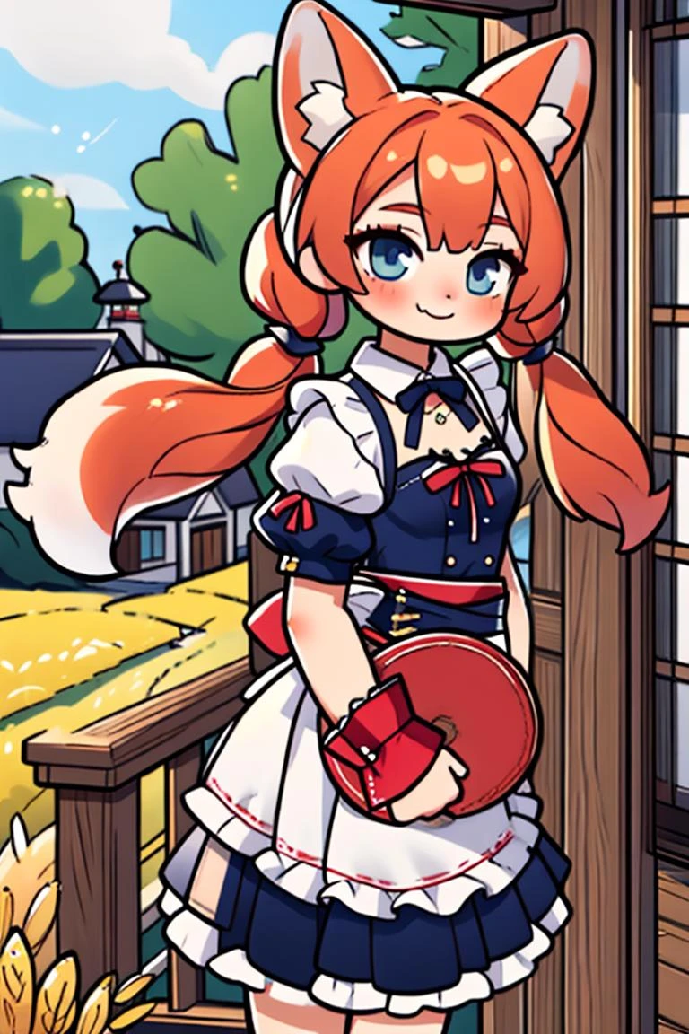 (masterpiece), best quality, high resolution, highly detailed, detailed background, perfect lighting,
Furry, Fox, Vixen, Anthro fox girl, fox tail, fluffy fur, fluffy tail, body fur,
(petite:1.3), 1girl, solo, small breasts, perfect anatomy,
very long hair, twintails hair, detailed eyes, cute eyes, character focus, looking at viewer, eye contact, Smiling at viewer, :3
white shirt, black skirt frills, Classical Maid Outfit, French maid outfit, Maid cuffs, Maid thighighs,
outdoor, country house, On porch, porch roof, at porch, Japanese style house, porch deck, farm, wheat field
<lora:Braixen v3:.3>, <lora:microwaist:.3>, <lora:uwu:.5>