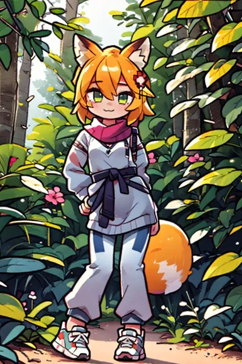 (masterpiece), best quality, high resolution, Sharp focus, highly detailed, detailed background, perfect lighting, Realistic, light rays, hard lighting, tonal colors,
Furry, Fox, Anthro fox girl, animal fox tail, fluffy fur, solo fluffy tail behind back, tail near waist, tail connected to back waist, 1 large orange white striped tail fur,
(petite:1.3), 1girl, solo, small breasts, perfect anatomy,
very long hair, braided hair, detailed eyes, cute eyes, green eyes, character focus, looking at viewer, eye contact, Smiling at viewer, ;3, uwu, catmouth, (smug),
white striped shirt, leggings, white striped adidas sneakers, striped scarf, flower in hair
outdoors, mountains, treeline, pine trees, dirt path, wilderness, in forest trail
<lora:senko_2023-04-03_nai_no-vae_lr_1e-3_dim64:1>, <lora:microwaist:.5>,  Senko-San,
<lora:uwu:.5>, 
<lora:STYLE_A__Add_Detail:.3>, <lora:STYLE_A_DetailTweaker:.3>,   
<lora:BACKGROUND_cheeseDaddysLandscapes_35:.5>,
<hypernet:crosskemonoFurryModel_furryKemonoPt:.1>,