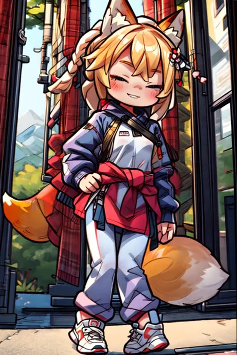 (masterpiece), best quality, high resolution, Sharp focus, highly detailed, detailed background, perfect lighting, Realistic, light rays, hard lighting, tonal colors,
Furry, Fox, Anthro fox girl, animal fox tail, fluffy fur, solo fluffy tail behind back, tail near waist, tail connected to back waist, 1 large orange white striped tail fur,
(petite:1.3), 1girl, solo, small breasts, perfect anatomy,
very long hair, braided hair, detailed eyes, cute eyes, green eyes, character focus, looking at viewer, eye contact, Smiling at viewer, ;3, uwu, catmouth, (smug), smiling, teeth, (both eyes closed:1.2)
white striped shirt, leggings, white striped adidas sneakers, modern clothing, flower in hair
outdoors, mountains, treeline, pine trees, dirt path, in wilderness, in forest trail
<lora:senko_2023-04-03_nai_no-vae_lr_1e-3_dim64:.9>, <lora:microwaist:.5>,  Senko-San,
<lora:uwu:.5>, 
<lora:STYLE_A__Add_Detail:.9>, <lora:STYLE_A_DetailTweaker:.9>,   
<lora:BACKGROUND_cheeseDaddysLandscapes_35:.5>,
<hypernet:crosskemonoFurryModel_furryKemonoPt:.1>,