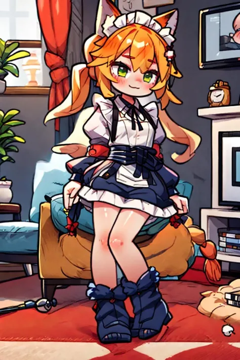 (masterpiece), best quality, high resolution, Sharp focus, highly detailed, detailed background, perfect lighting, Realistic, light rays, hard lighting
Furry, Fox, Anthro fox girl, animal fox tail, fluffy fur, fluffy tail behind back, orange white striped body fur, Orange fuzzy furry skin, fur
(petite:1.3), 1girl, solo, small breasts, perfect anatomy,
very long hair, twintails hair, detailed eyes, cute eyes, green eyes, character focus, looking at viewer, eye contact, Smiling at viewer, ;3, uwu, catmouth, (smug),
white shirt, black skirt frills, Japanese maid outfit, Maid cuffs, Maid thighighs,
Indoors, in living room, Couch sofa and tv, Cabinets, rugs, carpet, paintings, houseplants, windows, fireplace,
cleaning, dusting, broom, sweeping, broom handle,
<lora:senko_2023-04-03_nai_no-vae_lr_1e-3_dim64:1>, <lora:microwaist:.5>, Senko-San,
<lora:uwu:.5>,
<lora:STYLE_A__Add_Detail:.5>, <lora:STYLE_A_DetailTweaker:.5>,
<lora:BACKGROUND_cheeseDaddysLandscapes_35:.5>,
<hypernet:crosskemonoFurryModel_furryKemonoPt:.1>,