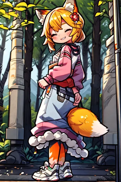 (masterpiece), best quality, high resolution, Sharp focus, highly detailed, detailed background, perfect lighting, Realistic, light rays, hard lighting, tonal colors,
Furry, Fox, Anthro fox girl, animal fox tail, fluffy fur, solo fluffy tail behind back, tail near waist, tail connected to back waist, 1 large orange white striped tail fur,
(petite:1.3), 1girl, solo, small breasts, perfect anatomy,
very long hair, braided hair, detailed eyes, cute eyes, green eyes, character focus, looking at viewer, eye contact, Smiling at viewer, ;3, uwu, catmouth, (smug), smiling, teeth, (both eyes closed:1.2)
white striped shirt, leggings, white striped adidas sneakers, modern clothing, flower in hair
outdoors, mountains, treeline, pine trees, dirt path, in wilderness, in forest trail
<lora:senko_2023-04-03_nai_no-vae_lr_1e-3_dim64:.9>, <lora:microwaist:.5>,  Senko-San,
<lora:uwu:.5>, 
<lora:STYLE_A__Add_Detail:.9>, <lora:STYLE_A_DetailTweaker:.9>,   
<lora:BACKGROUND_cheeseDaddysLandscapes_35:.5>,
<hypernet:crosskemonoFurryModel_furryKemonoPt:.1>,