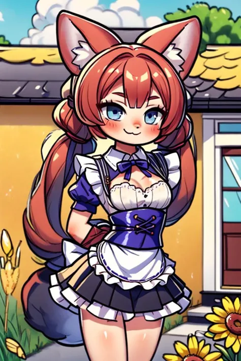(masterpiece), best quality, high resolution, highly detailed, detailed background, perfect lighting,
Furry, Fox, Vixen, Anthro fox girl, animal fox tail, fluffy fur, fluffy tail behind back, body fur, fur
(petite:1.3), 1girl, solo, small breasts, perfect anatomy,
very long hair, twintails hair, detailed eyes, cute eyes, character focus, looking at viewer, eye contact, Smiling at viewer, ;3, uwu, catmouth, (smug),
white shirt, black skirt frills, Classical Maid Outfit, French maid outfit, Maid cuffs, Maid thighighs,
outdoor, country house, On porch, porch roof, at porch, Japanese style house, porch deck, farm, wheat field
<lora:Braixen v3:.3>, <lora:microwaist:.3>,
<lora:uwu:.3>,
<lora:STYLE_A__Add_Detail:.5>, <lora:STYLE_A_DetailTweaker:.5>,