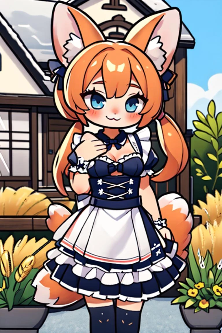 (masterpiece), best quality, high resolution, highly detailed, detailed background, perfect lighting,
Furry, Fox, Vixen, Anthro fox girl, fox tail, fluffy fur, fluffy tail, body fur,
(petite:1.3), 1girl, solo, small breasts, perfect anatomy,
very long hair, twintails hair, detailed eyes, cute eyes, character focus, looking at viewer, eye contact, Smiling at viewer, :3
white shirt, black skirt frills, Classical Maid Outfit, French maid outfit, Maid cuffs, Maid thighighs,
outdoor, country house, On porch, porch roof, at porch, Japanese style house, porch deck, farm, wheat field
<lora:Braixen v3:.3>, <lora:microwaist:.3>, <lora:uwu:.5>