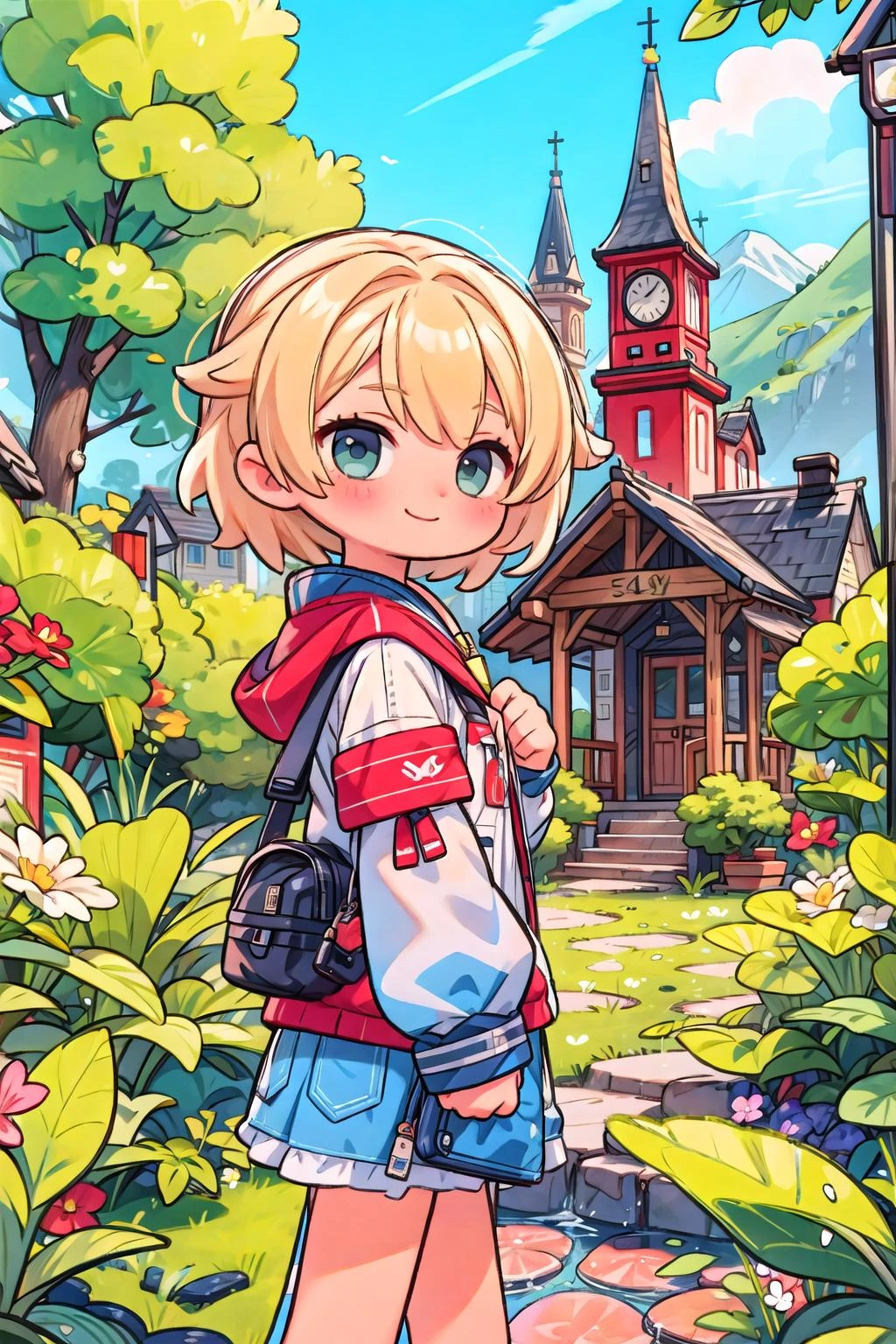 (masterpiece), (outdoors, nature, scenery:1.2), town, overgrown, 1girl, smile, blonde hair, medium hair