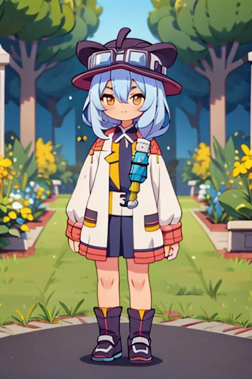 (2d:1.2), wide shot, (dynamic angle:1.1), outline, ((thick lineart)), cover, stylish, official art, (details:1.2), glow:0.2, shadow, nature, garden, (depth of field), sharp focus, (volumetric lighting), (bokeh:0.6), film grain:0.4, day, (soft lighting:1.1), eeugg, full body, blue hair, long hair, goggles, goggles on headwear, hair between eyes, candy, lollipop, yellow eyes, bangs, jacket, labcoat, white jacket, looking at viewer, standing, <lora:Tatoeba_Last_ Dungeon_Eug_00_01:1>