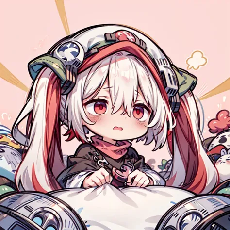 masterpiece,best quality,1girl,vuekosage,bags under eyes,red eyes,red hair,white hair,two-tone hair,twintails,alternate headwear,chibi emoji,shocked,empty eyes,<lora:Concept-control tool-add_detail-CyberAIchemist:0.8>,<lora:vuekosage:0.9>,<lora:exag-000009_1+boldline_1 :1>,