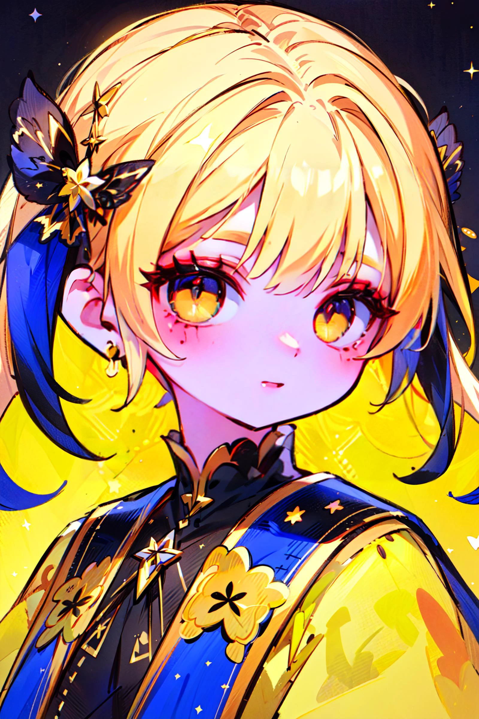 ((best quality, masterpiece, absurdres, super-resolution)) 1girl, portrait, stars, black, yellow <lora:PRIMARY-CORE_v1.0:1>