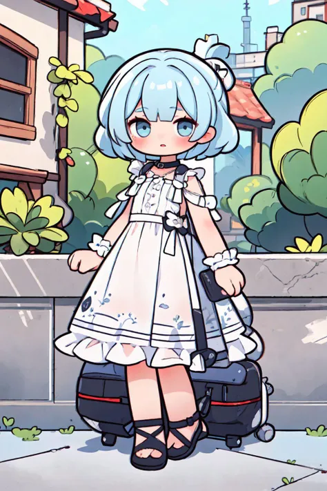best quality, masterpiece, sharp focus, high resolution, ultra-detailed, 8k, 1girl, solo, wonderfully detailed full body illustration of beautiful woman wearing a white sundress, short curly hair, light blue hair, outside, daytime, sunlight