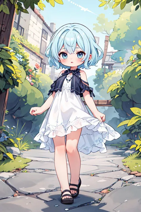 best quality, masterpiece, sharp focus, high resolution, ultra-detailed, 8k, 1girl, solo, wonderfully detailed full body illustration of beautiful woman wearing a white sundress, short curly hair, light blue hair, outside, daytime, sunlight