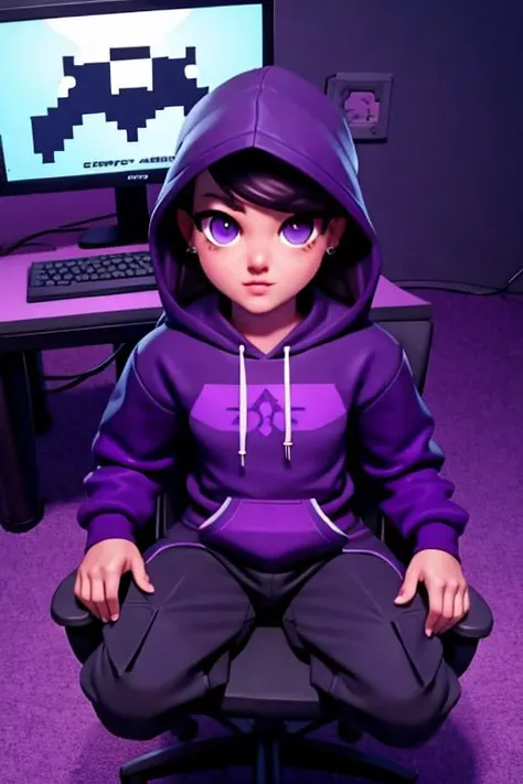 large hoodie, cargo pants, purple eyes, sitting at a desk, computer, gamer chair, <lora:jaiden-vtuber-animefull-000004:0.8>  pixel, <lora:pixel:1>