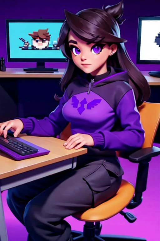 large sweater, cargo pants, purple eyes, sitting at a desk, computer, gamer chair, <lora:jaiden-vtuber-animefull-000004:0.8> pixel, <lora:pixel:1>