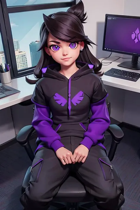 large hoodie, cargo pants, purple eyes, sitting at a desk, computer, gamer chair, <lora:jaiden-vtuber-animefull-000004:0.8>